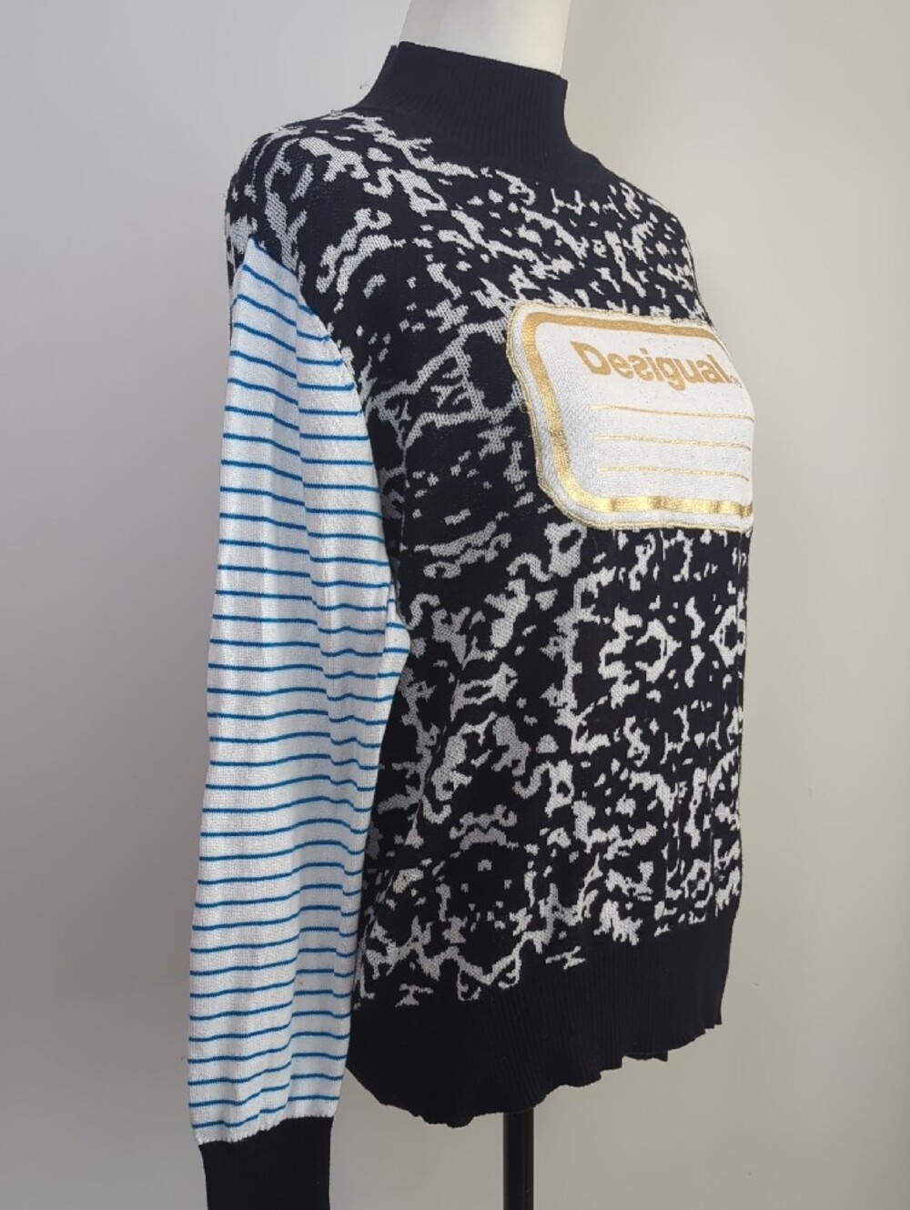 Desigual Composition Notebook Mock Neck Knit Sweater Stripe Accent Pullover LRG - Picture 5 of 13